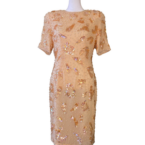 Kathryn Conover Silk Beaded Sequin Dress Peach Champagne Cocktail Party Size 8
